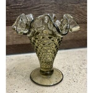 Vintage Fenton Glass Green Hobnail Ruffled Edge Crimped Trumpet Vase 4"